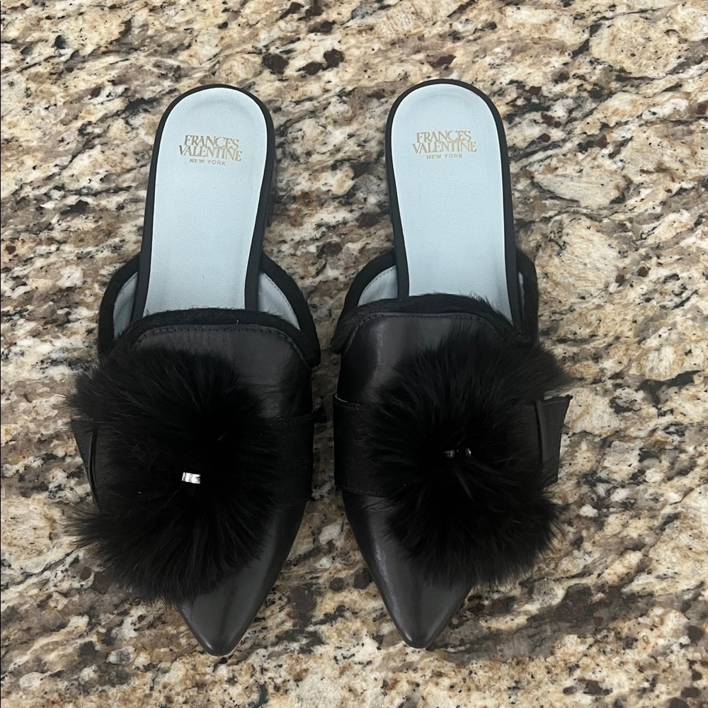 Frances Valentine Black Mules with Fur Accent Size 6, *fits like 5.5*